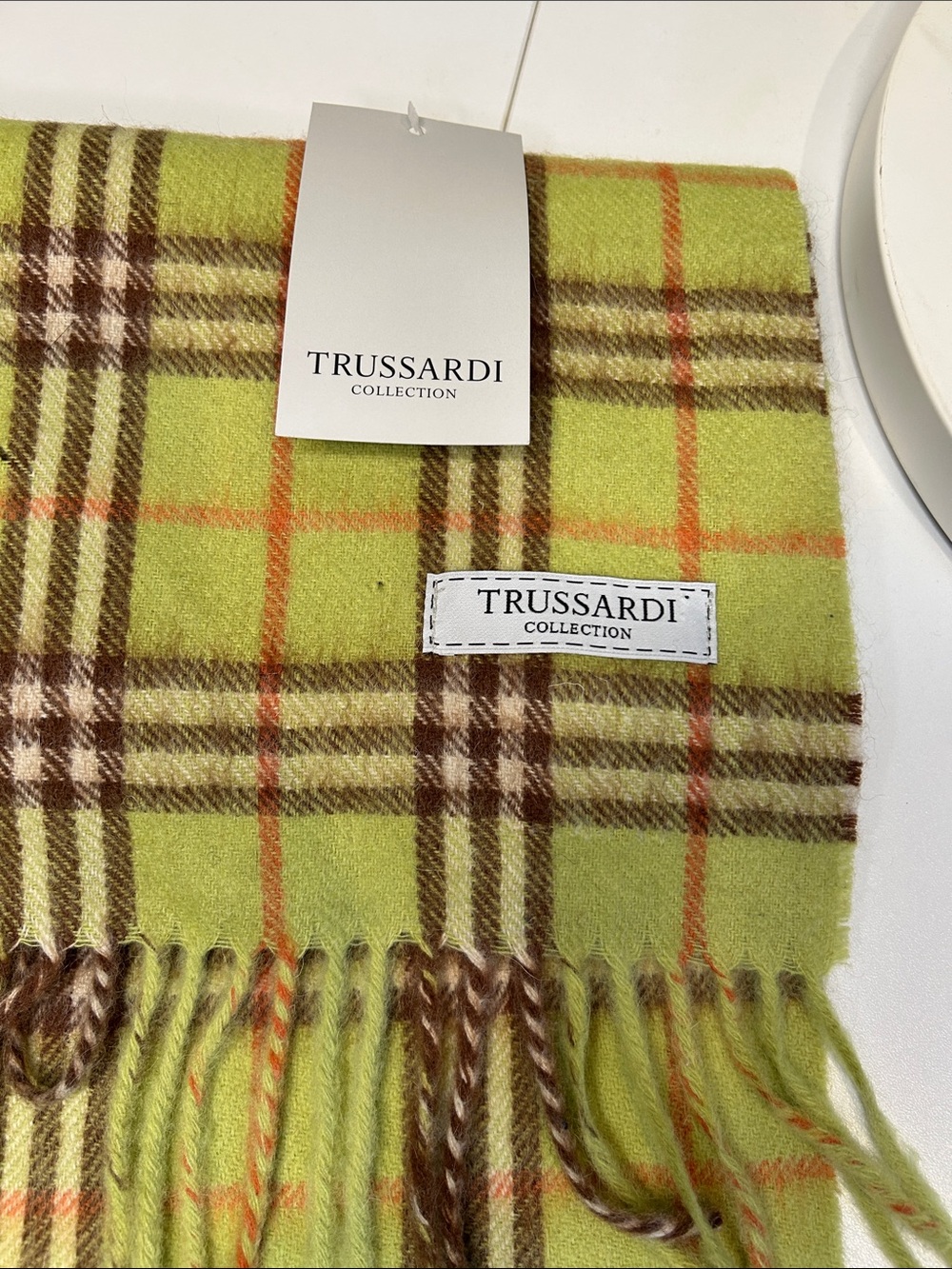 Trussardi Green Plaid Wool Scarf with Brown & Orange Accents *flaws*  With tags